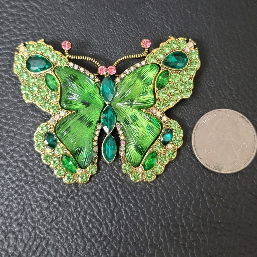 Green Butterfly Brooch- Emerald, Pink, & AB Rhinestones,Camphor Glass Look- NWOT